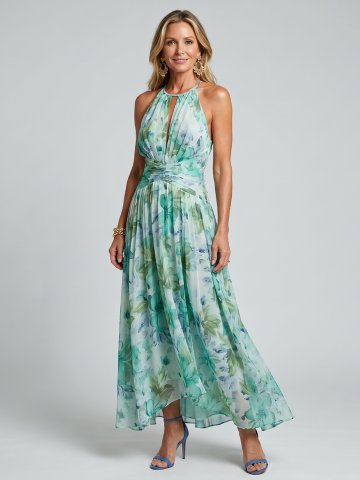Portia | Vestito midi plissettato con scollo halterneck e motivo floreale delicato