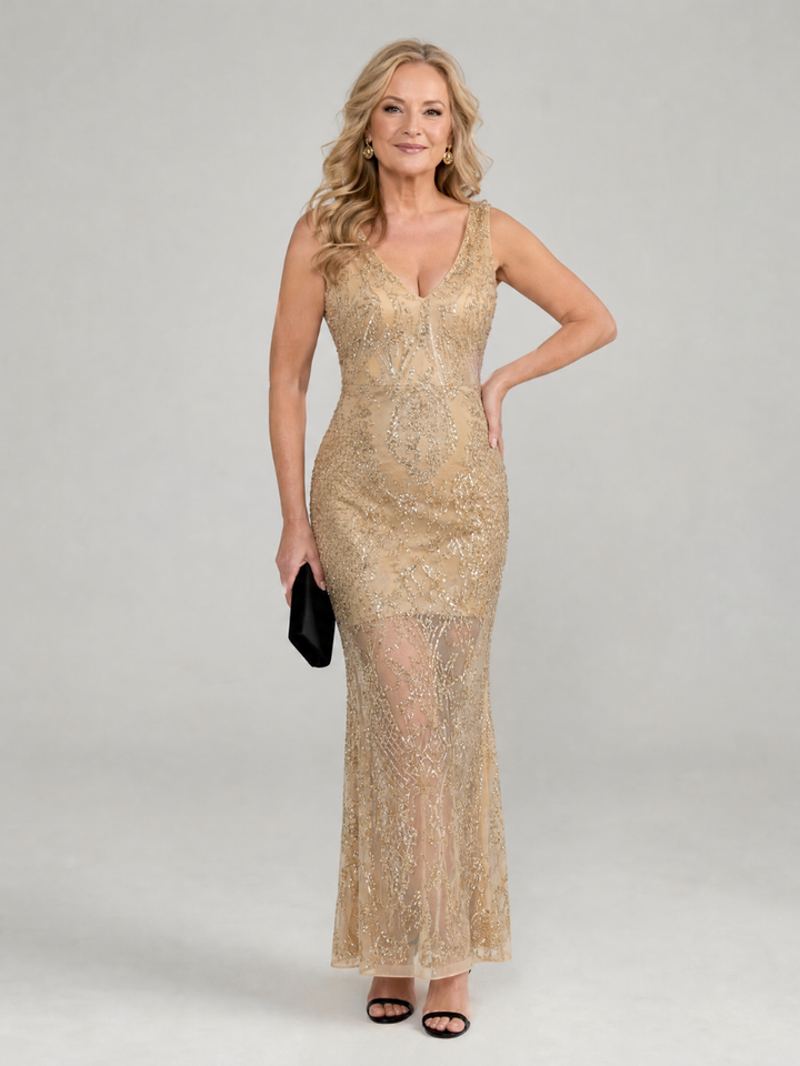 Sirea | Vestito midi con paillettes, senza maniche e pannello trasparente
