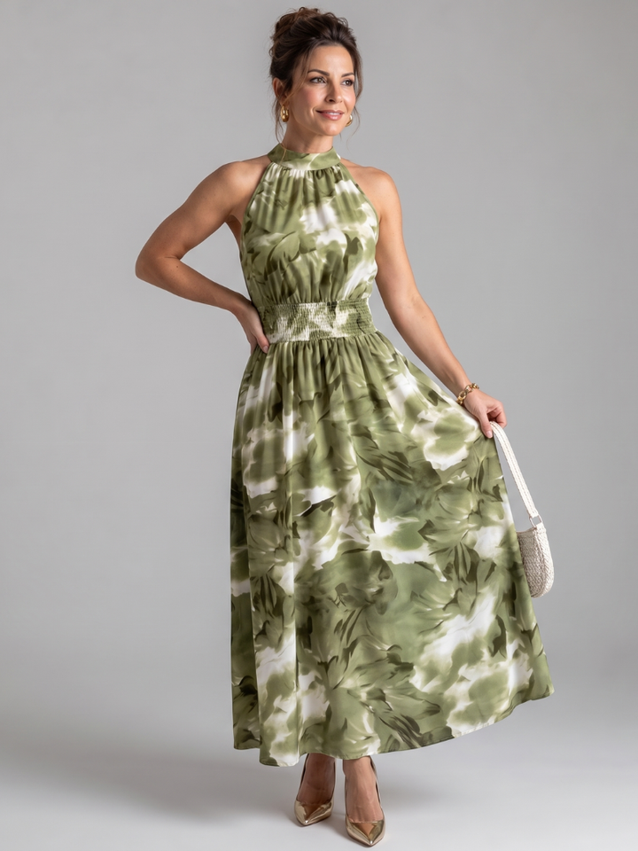 Olivia | Abito midi con stampa astratta e vita arricciata