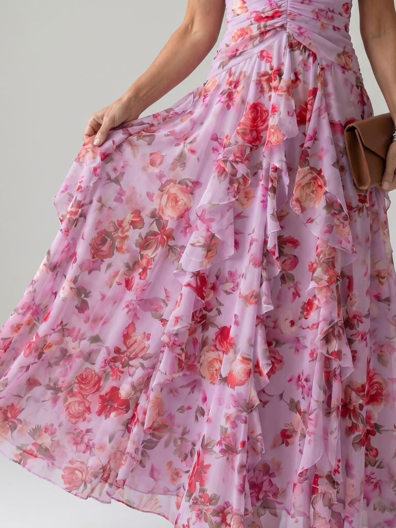 Nori | Abito lungo floreale con scollo all'americana e corpetto ruché