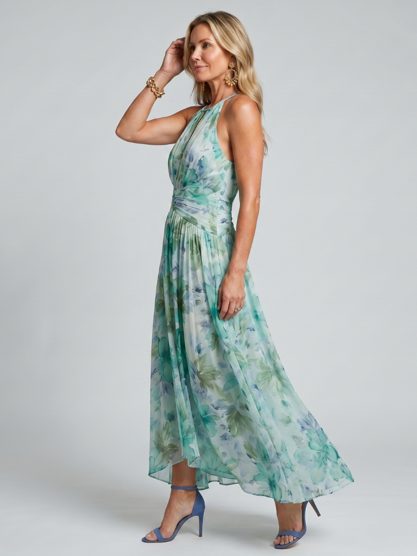 Portia | Vestito midi plissettato con scollo halterneck e motivo floreale delicato