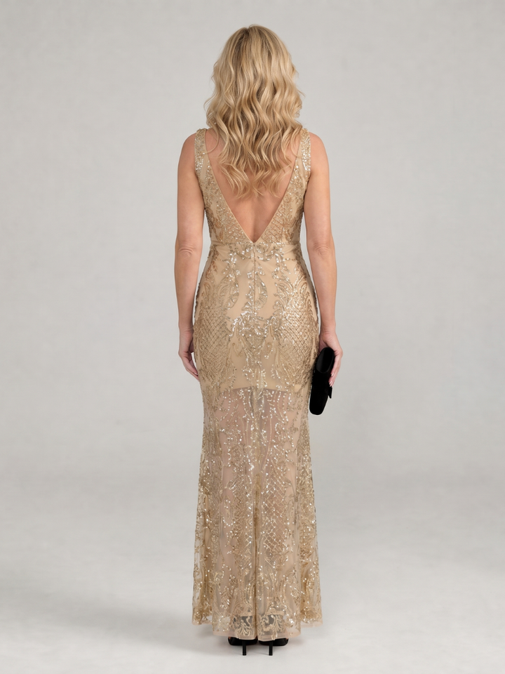 Sirea | Vestito midi con paillettes, senza maniche e pannello trasparente