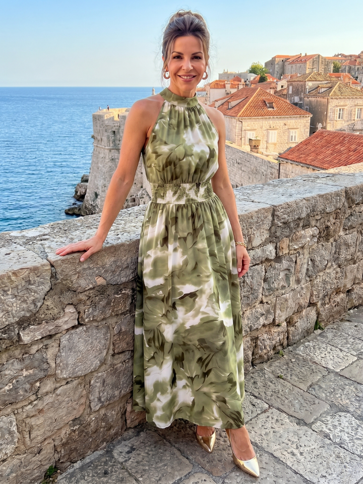 Olivia | Abito midi con stampa astratta e vita arricciata