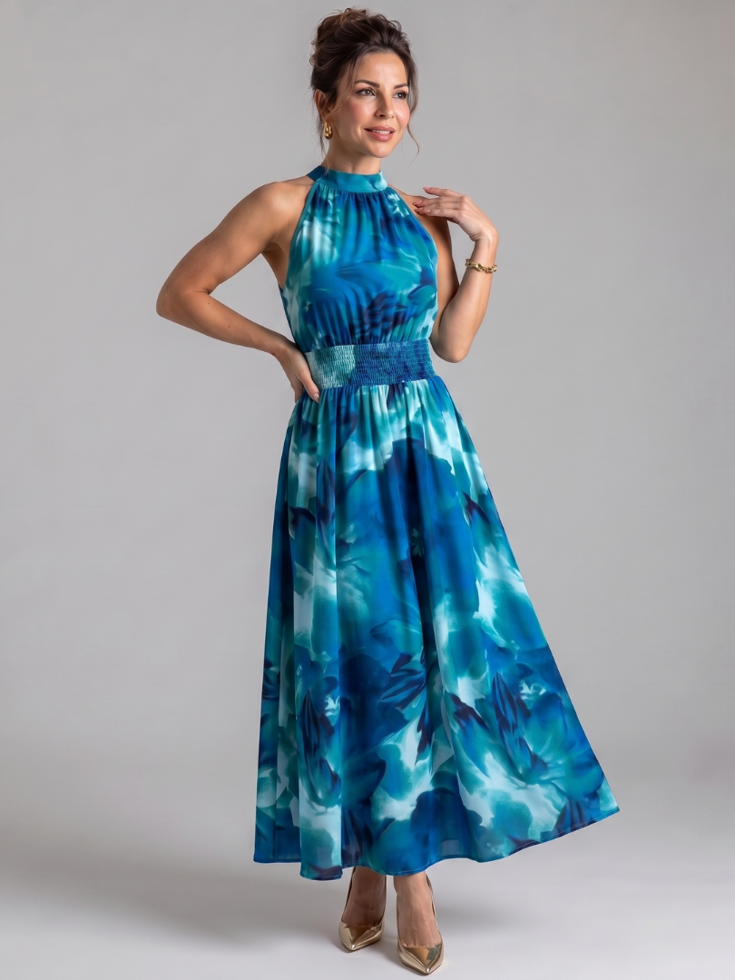 Olivia | Abito midi con stampa astratta e vita arricciata