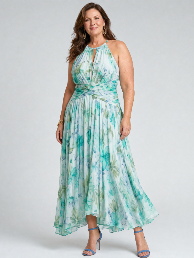 Portia | Vestito midi plissettato con scollo halterneck e motivo floreale delicato