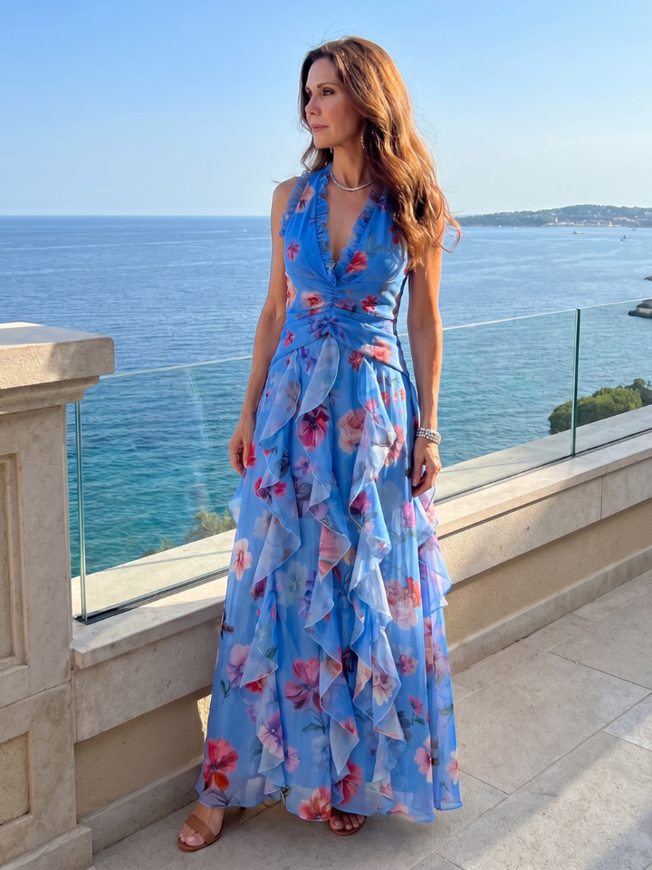 Nori | Abito lungo floreale con scollo all'americana e corpetto ruché