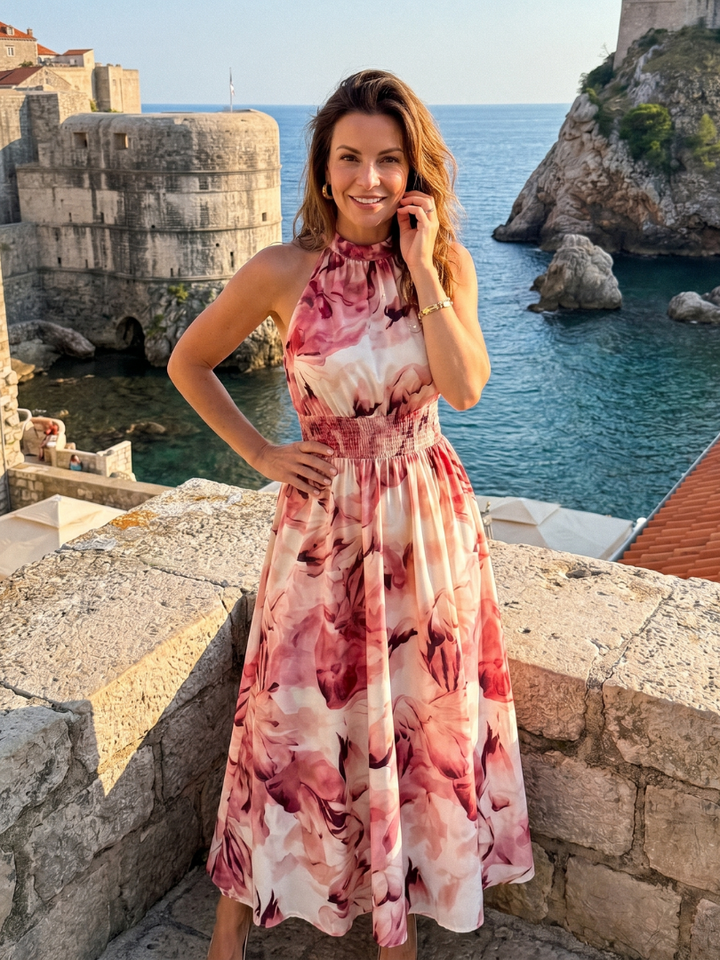 Olivia | Abito midi con stampa astratta e vita arricciata
