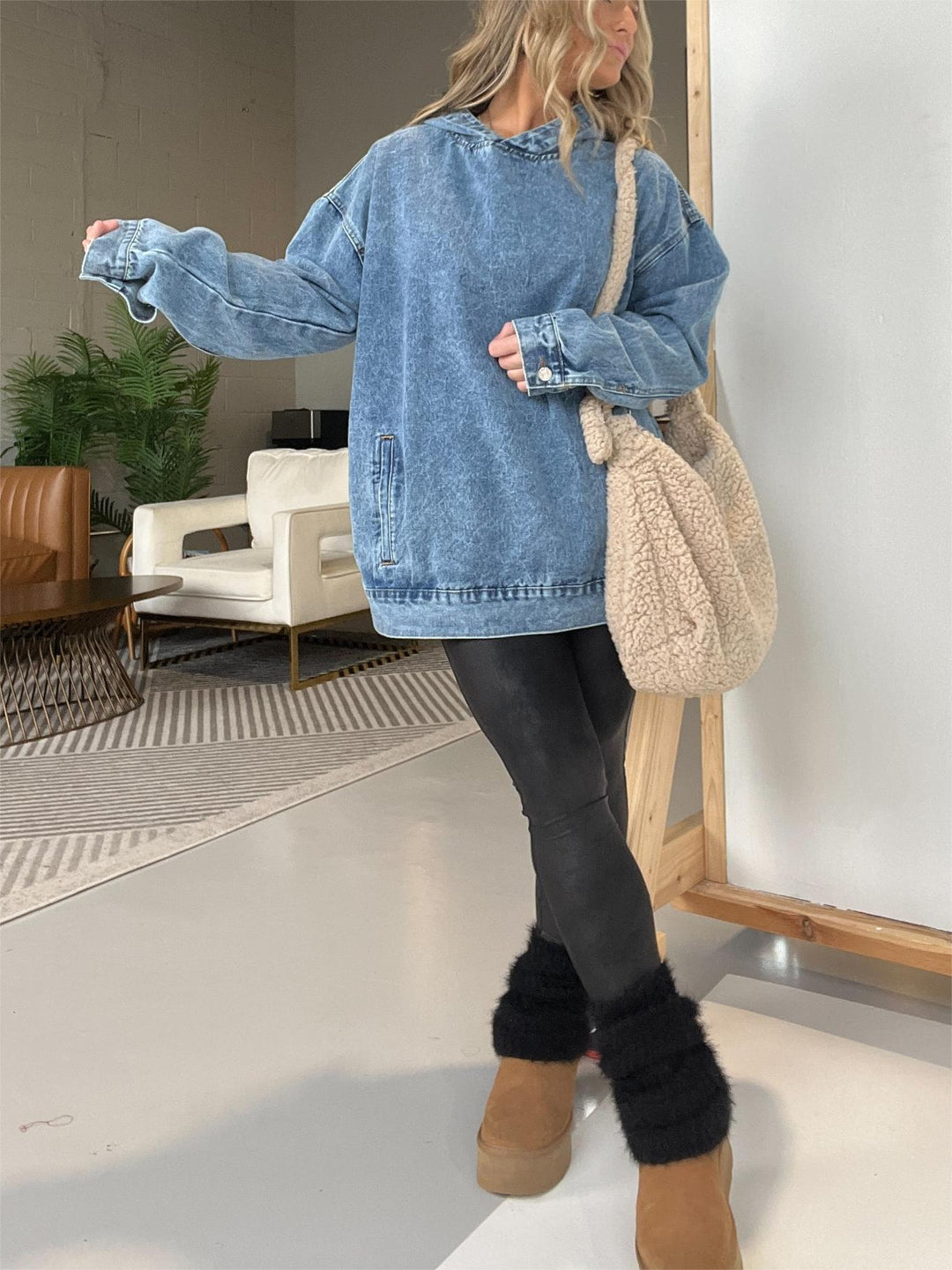 Denim Hooded Sweatshirt with Front Pockets