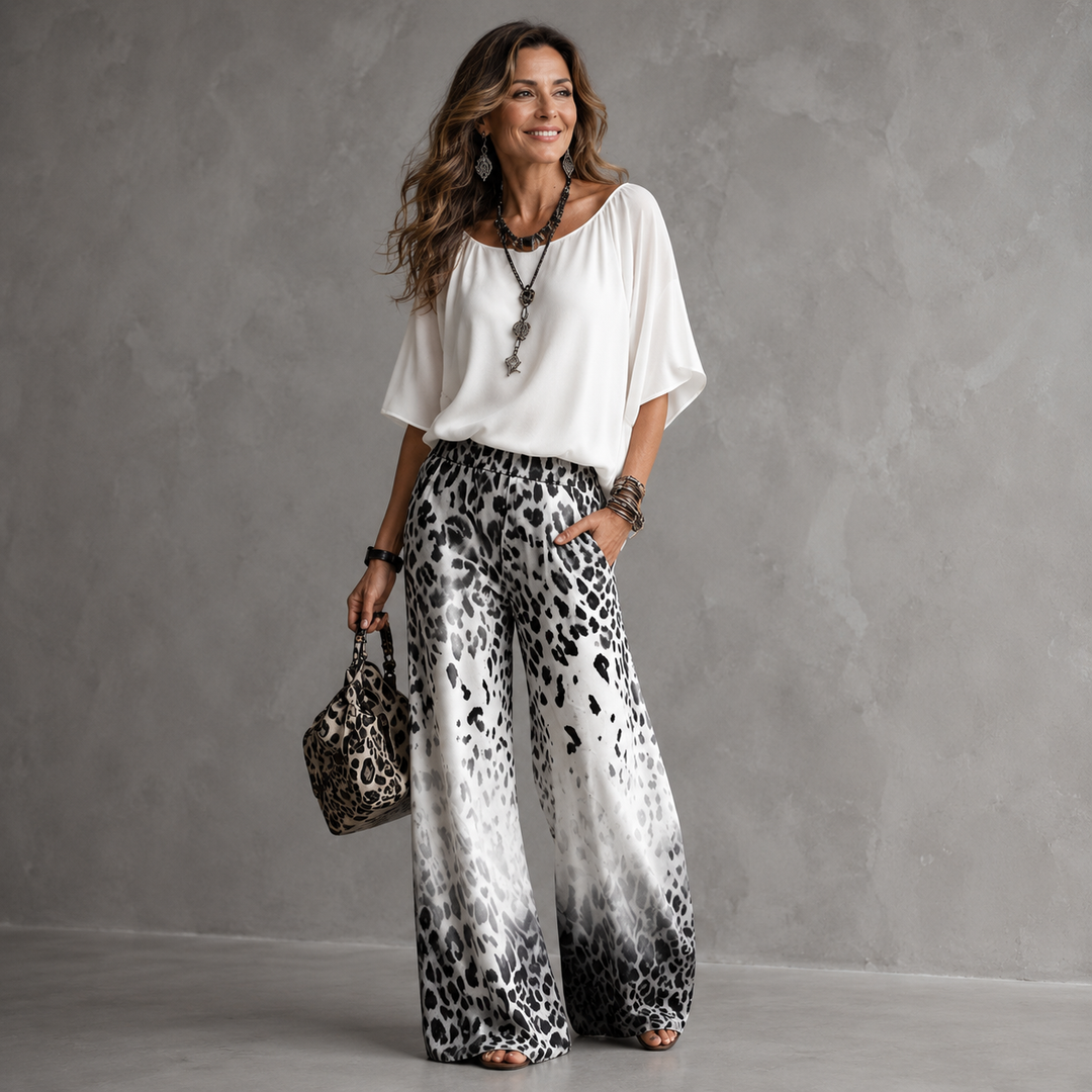 SET BLOUSE BIANCA E PANTALONI OMBRÉ LEOPARDATI