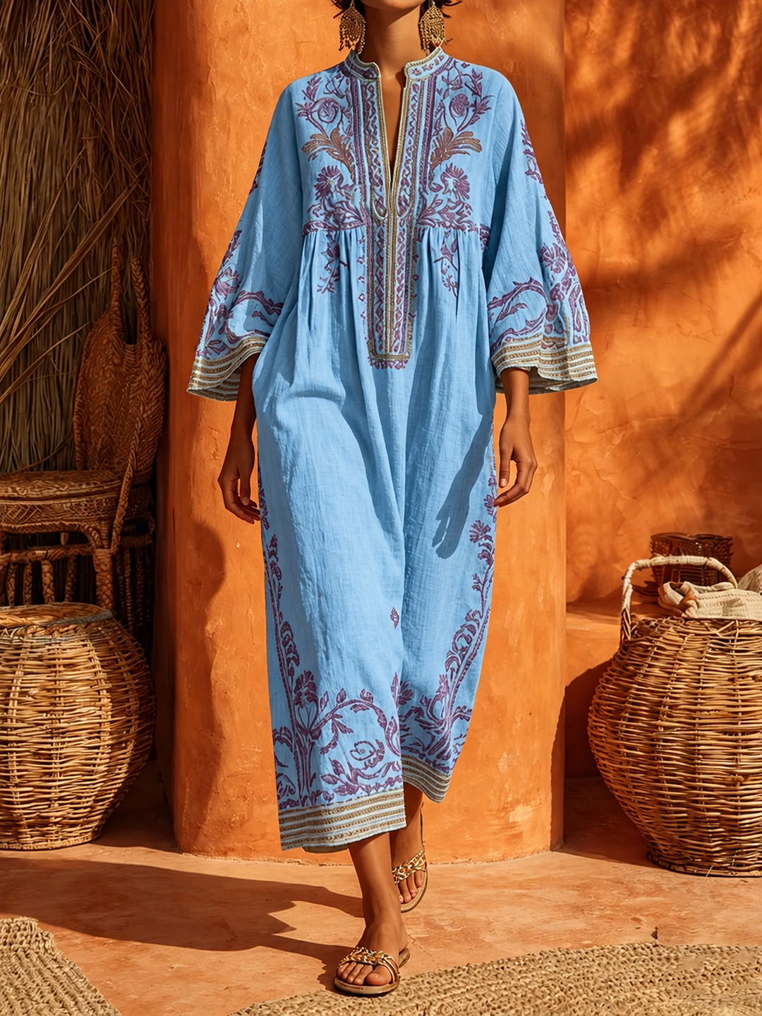 Celestina | Abito boho ricamato dal fascino mediterraneo blu