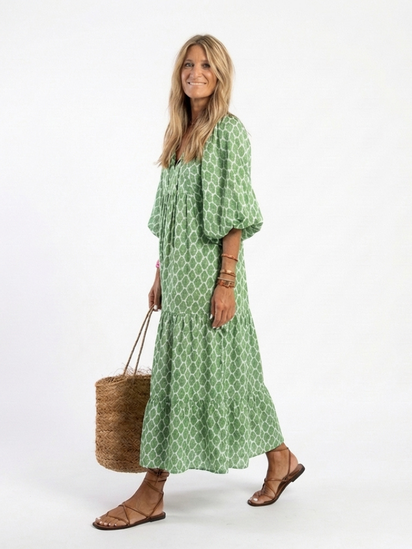 Apolline | Abito midi con maniche a tre quarti, scollo a V e motivo decorativo