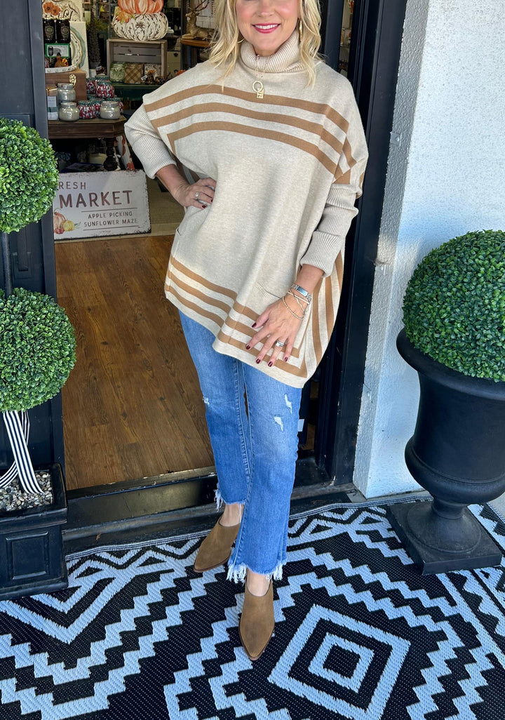 Women's High Neck Bat Sleeve Striped Sweater