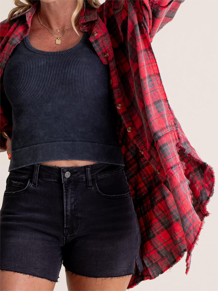 Women's Mineral Washed Button Down Plaid Flannel Shirt