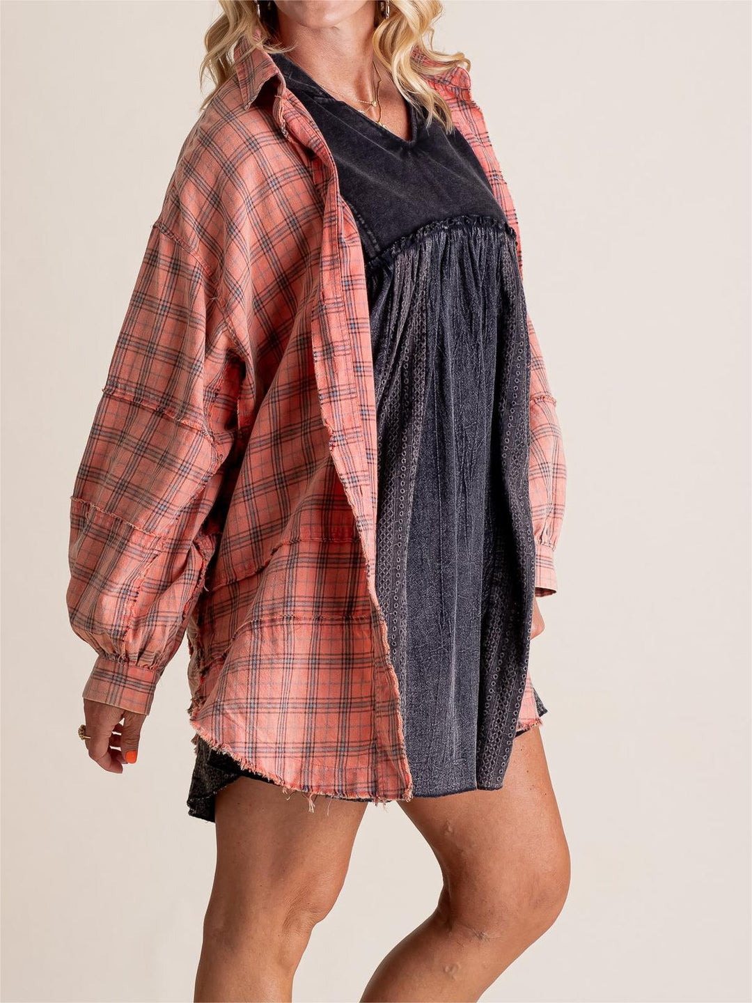 Women's Mineral Washed Button Down Plaid Flannel Shirt