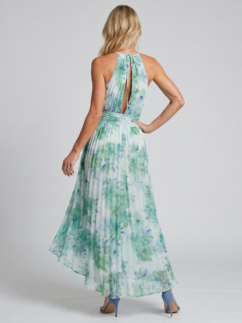 Portia | Vestito midi plissettato con scollo halterneck e motivo floreale delicato
