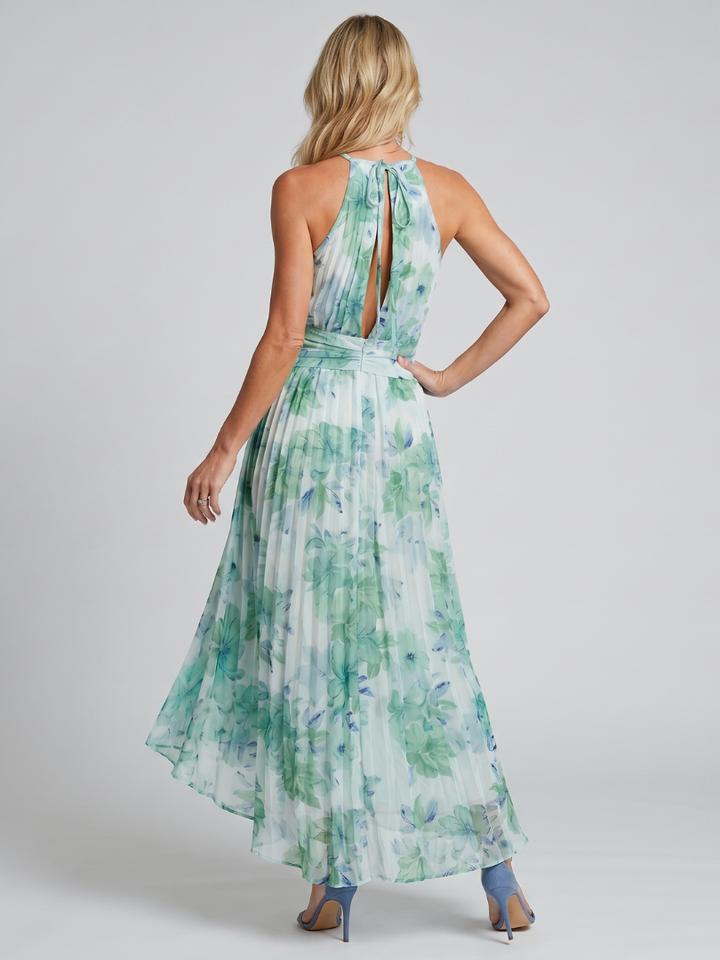 Portia | Vestito midi plissettato con scollo halterneck e motivo floreale delicato