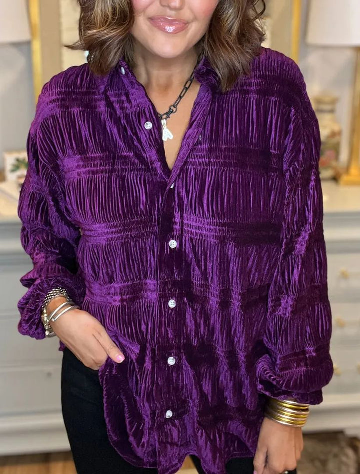 Women's Shirred Velvet Button Down Top