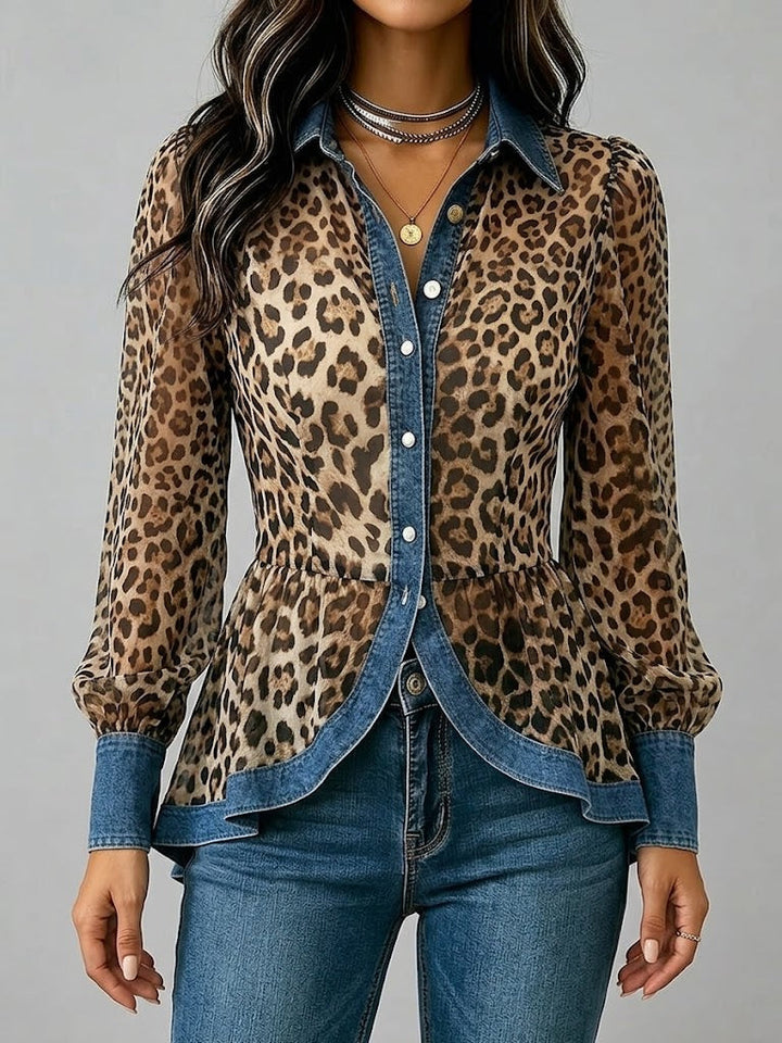 Ornella | Camicia leopardata con dettagli denim