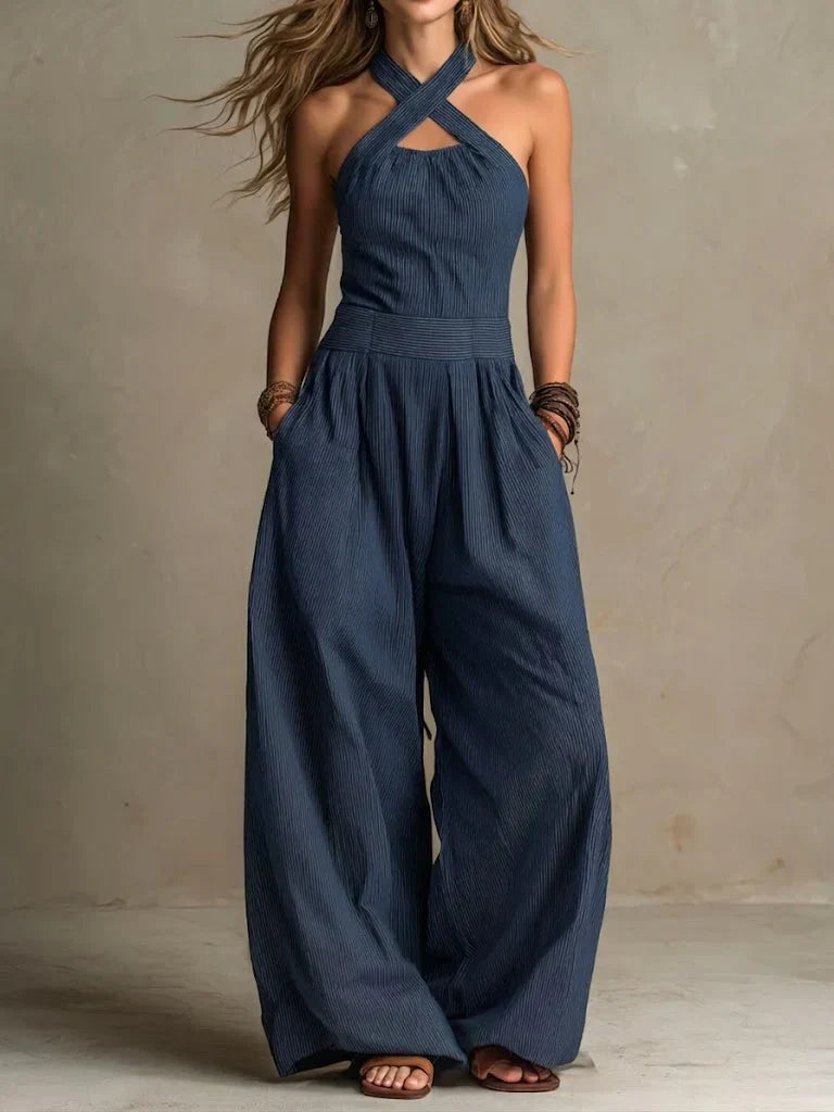 Bianca | Tuta in lino blu e cotone con scollo incrociato elegante