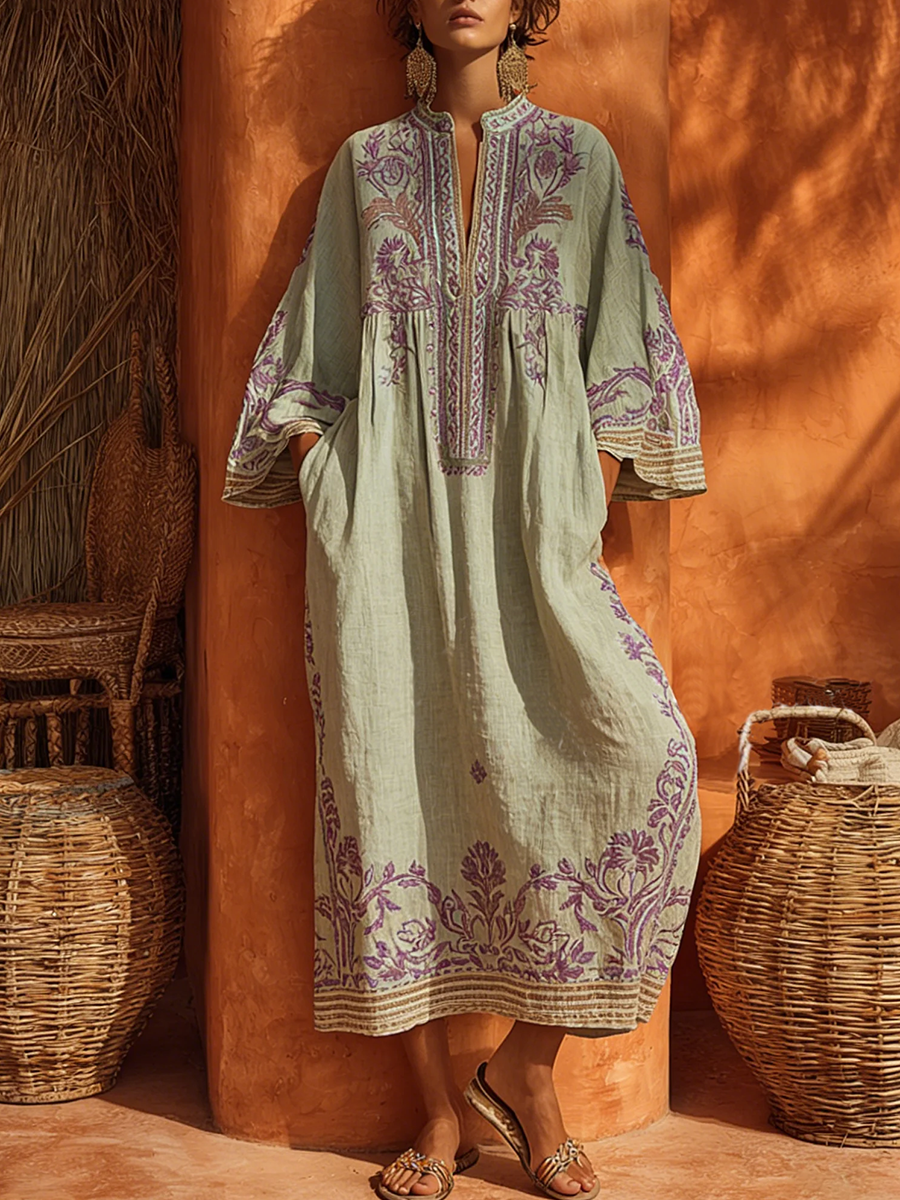 Celestina | Abito boho ricamato dal fascino mediterraneo verde