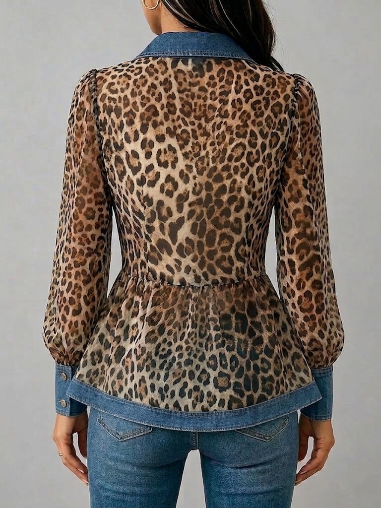 Ornella | Camicia leopardata con dettagli denim