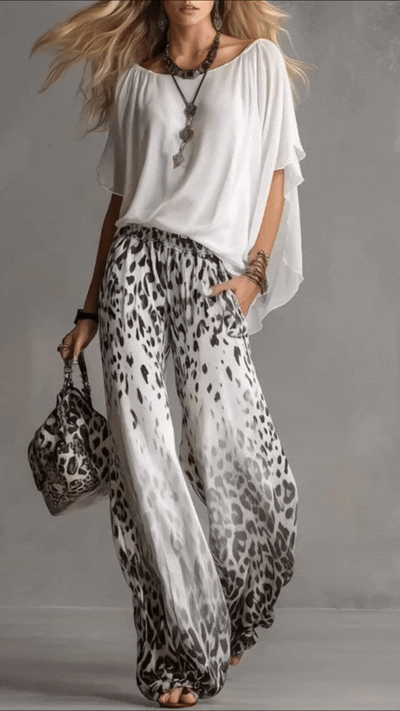 SET BLOUSE BIANCA E PANTALONI OMBRÉ LEOPARDATI