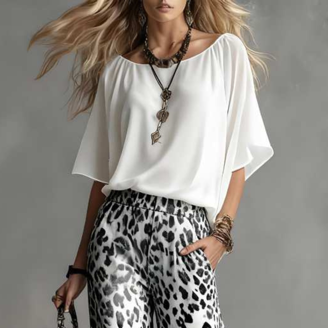 SET BLOUSE BIANCA E PANTALONI OMBRÉ LEOPARDATI